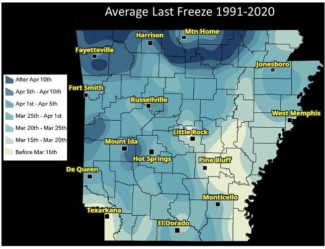 Average last freeze dates in Arkansas. 