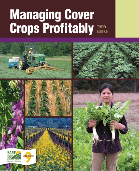 cover for managing cover crops proficiently book, composed of a collage of different cover crops and a woman holding two large turnips in her hands