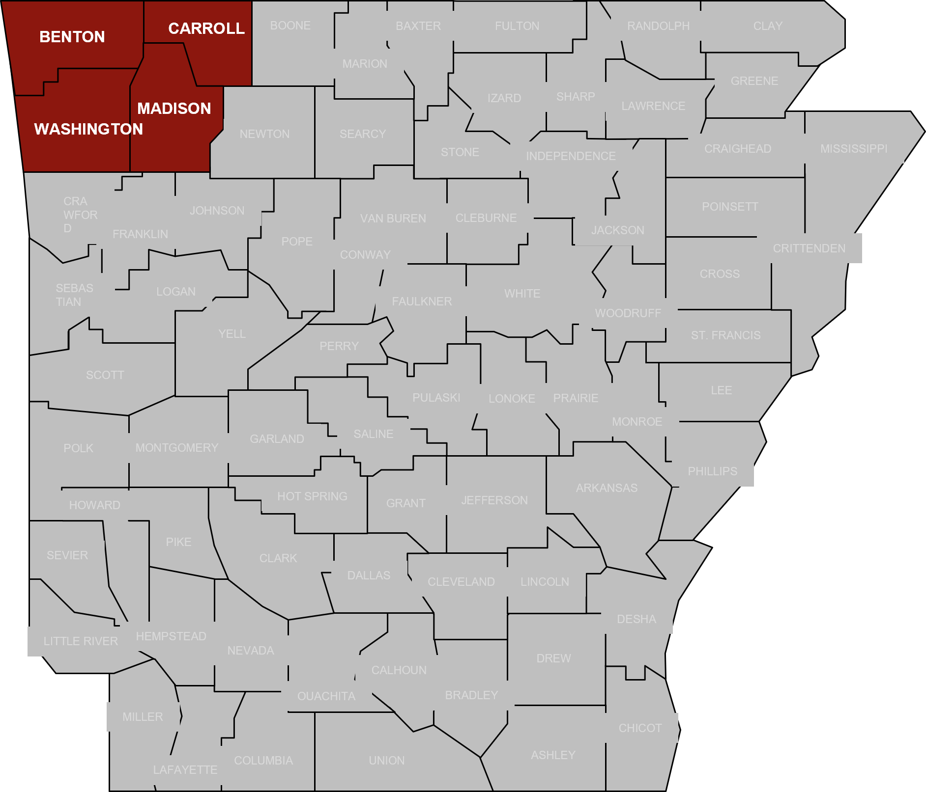 Map of Arkansas counties with Benton, Carroll, Madison, and Washington counties highlighted in red