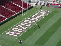 Razorback stadium - turfgrass with the word razorback on it