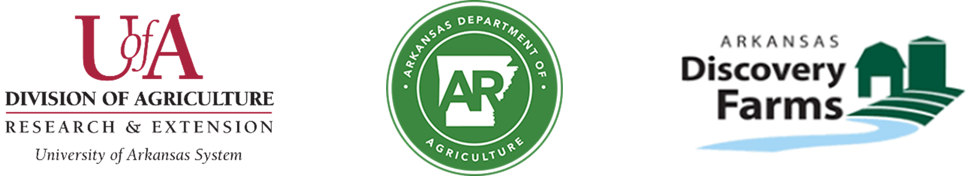 Logos for the University of Arkansas System Division of Agriculture, Arkansas Department of Agriculture and Arkansas Discovery Farms program