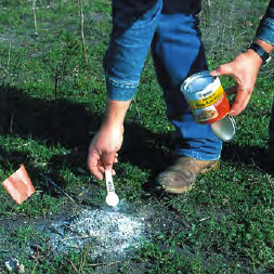 man stooping to add chemical powder with a spoono to a fire and mound on the ground
