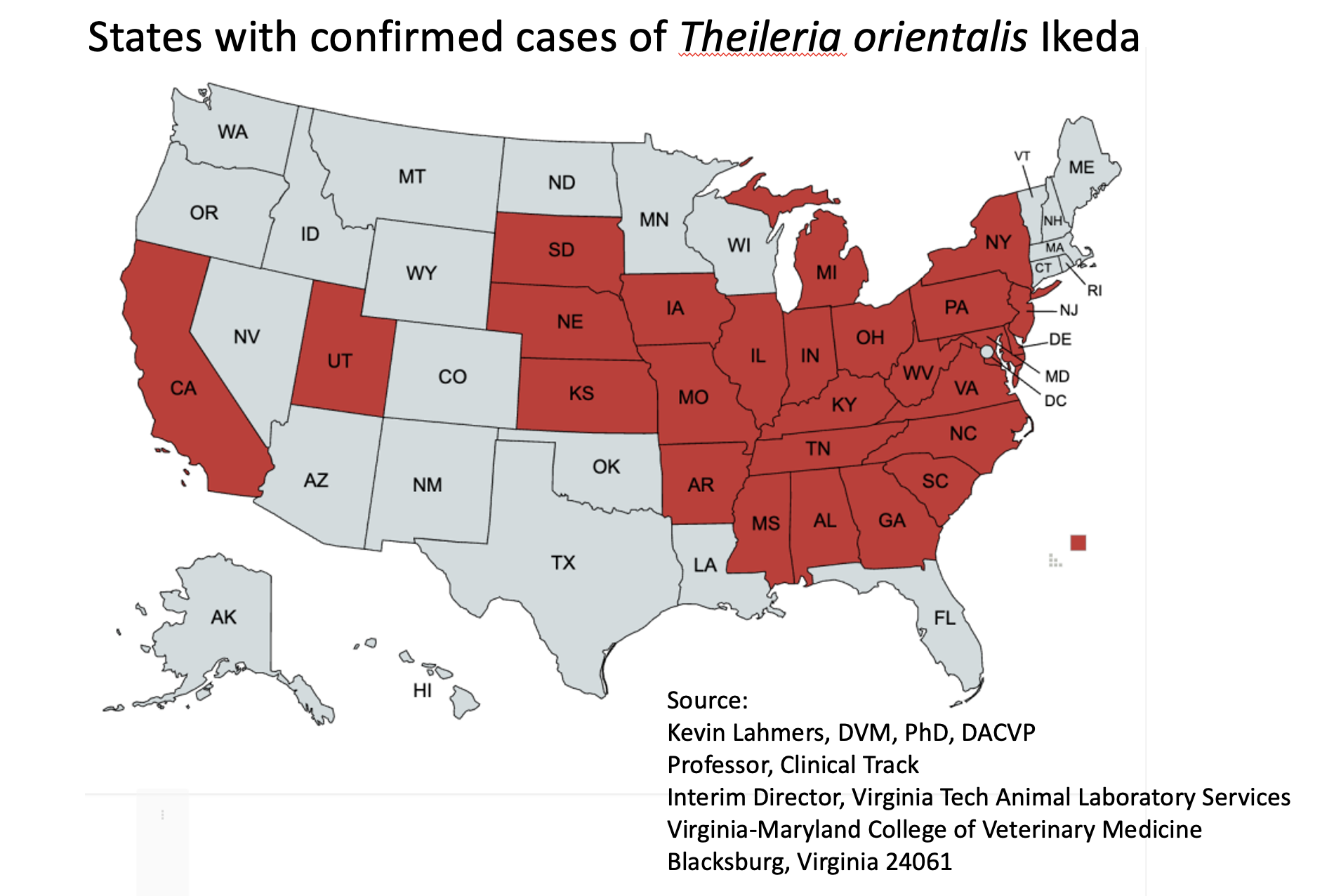 US map showing confirmed cases of Theileria orientalis Ikeda