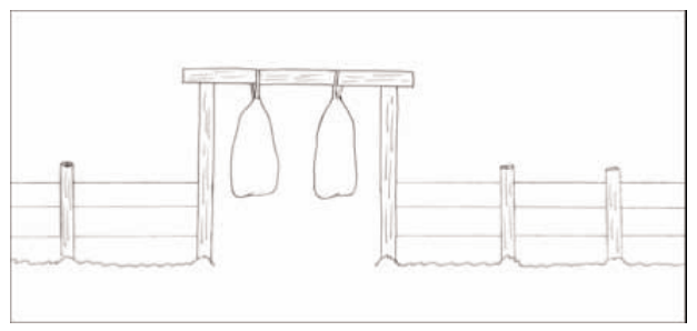 black and white drawing of forced-use dust bags - hanging from a high fence opening