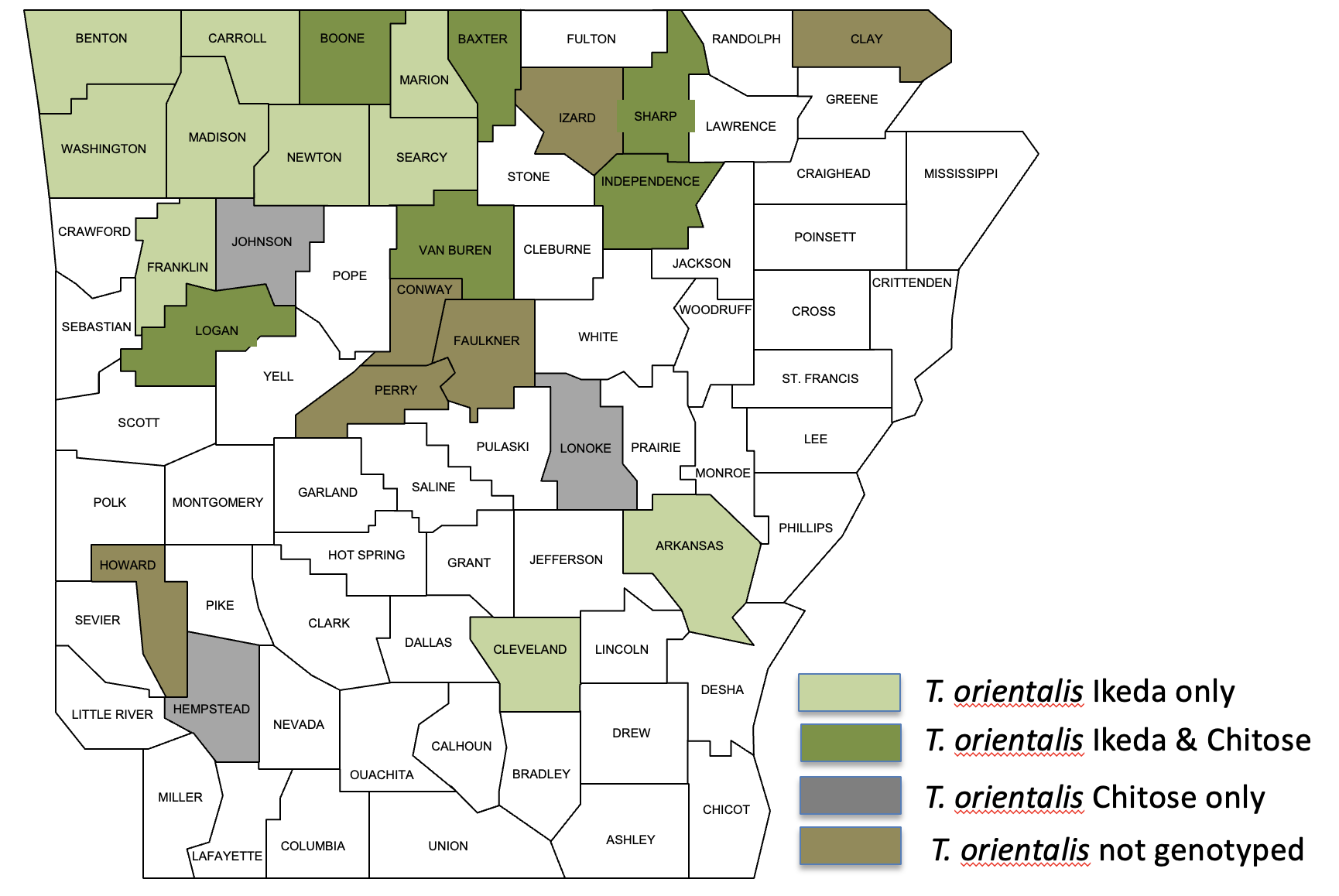 Arkansas counties with confirmed cases of Theileria orientalis Ikeda genotype in cattle as of June 2026.