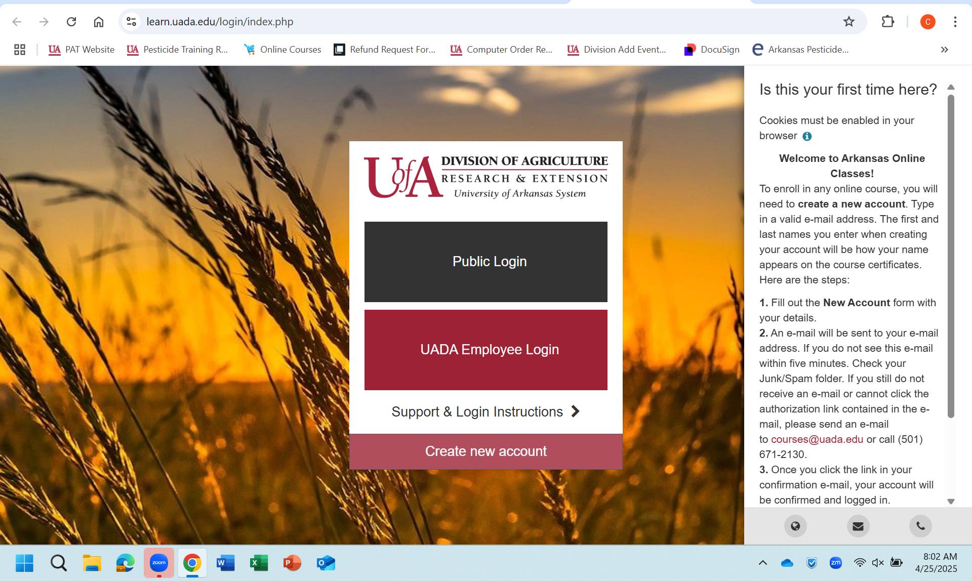 Home screen to online training courses with an employee login button and a public login button. The option below that is to create an account. 