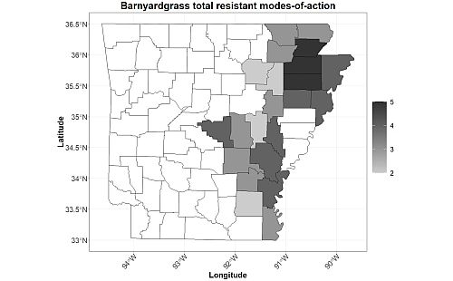 BYG total number of resistant MOA in Arkansas by county
