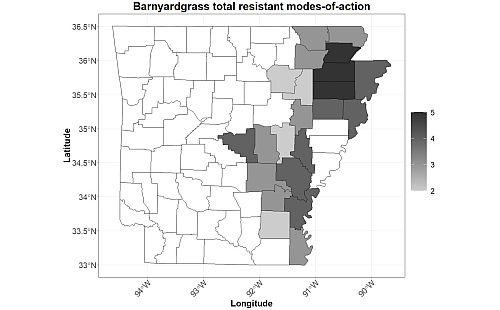 BYG total number of resistant MOA in Arkansas by county BYG total number of resistant MOA in Arkansas by county