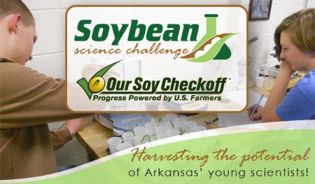 Arkansas Soybean Science challenge logo and photo of students