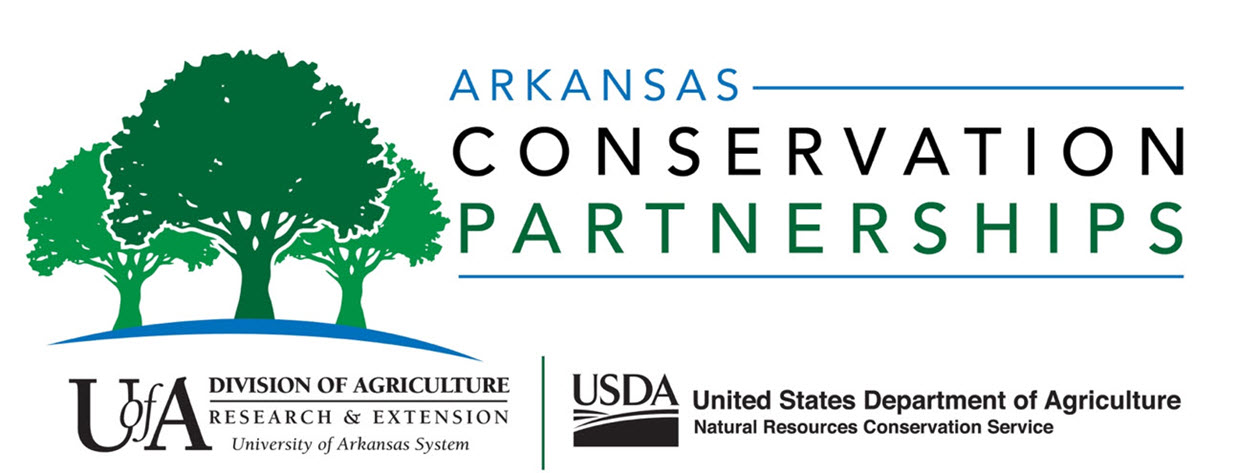 Arkansas Conservation Partnerships branding image: Three oak trees on a hill, below that the UADA and USDA NRCS logos