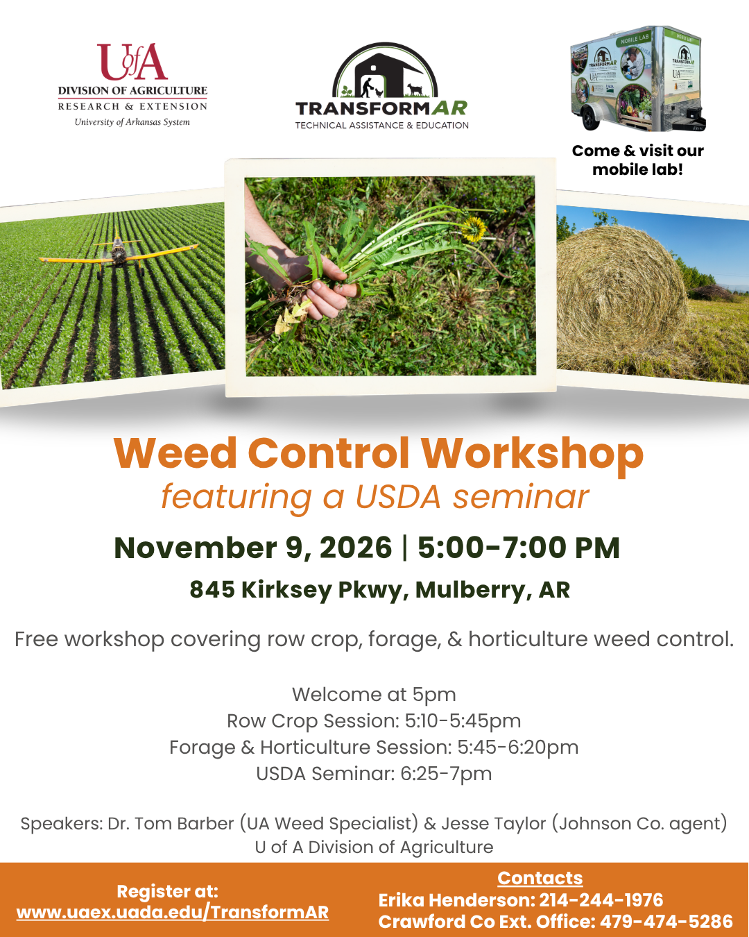 Workshop flyer featuring a hay bale, a hand pulling weeds and a crop duster flying over a field.