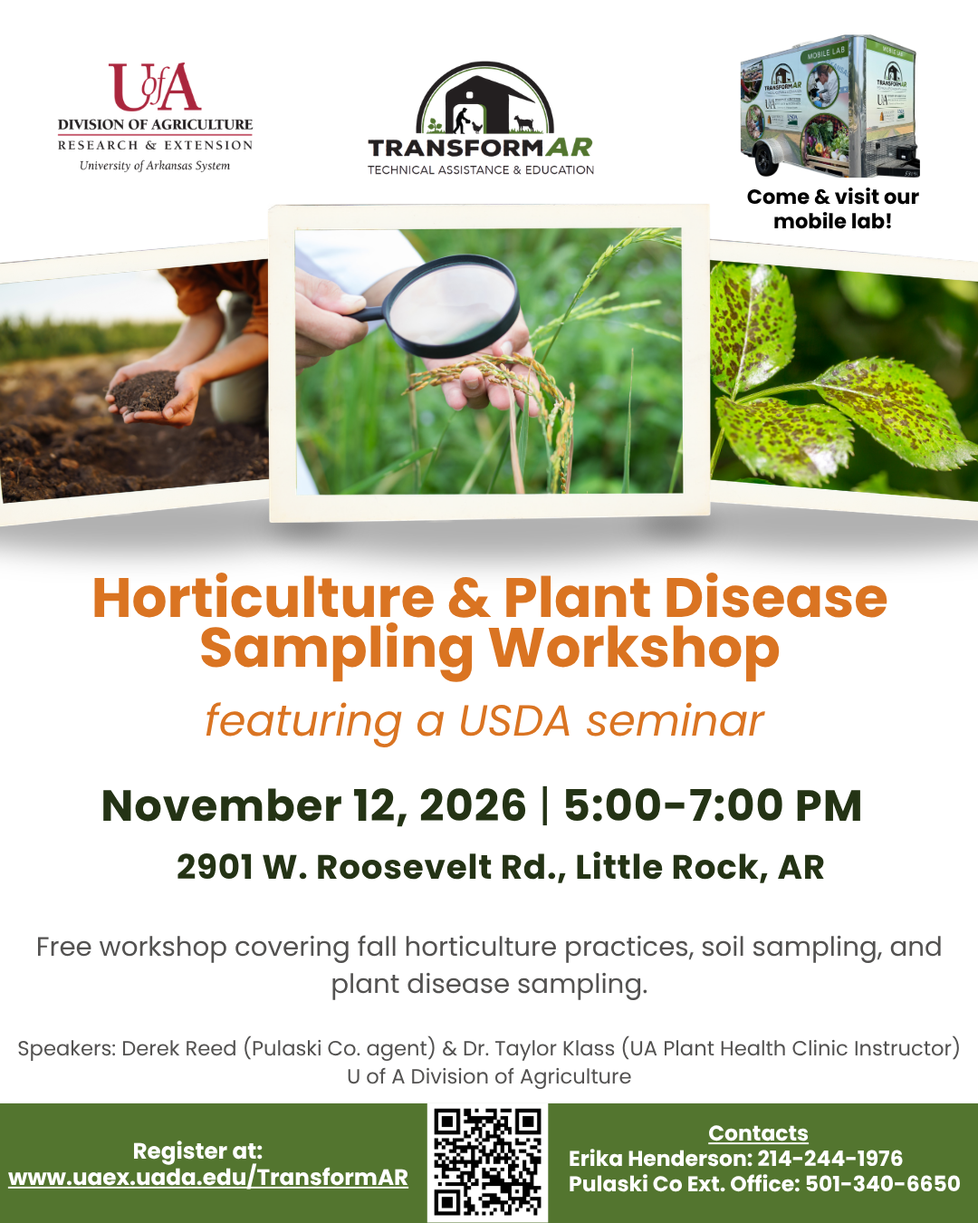 Workshop flyer featuring diseased plant leaves, a magnifying glass and hands holding soil.