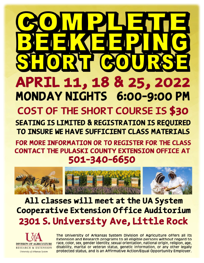Advertisement for beekeeping class in Little Rock, AR, APril 2022