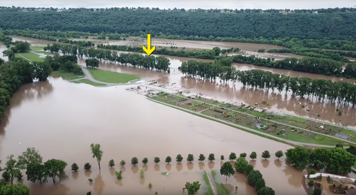 drone camera view of flooded Two Rivers Park 5-30-2019