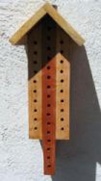 Looks like the front of a birdhouse made with 3 pieces of wood 1 inch wide & a foot long (1 reddish brown between 2 tan pieces) that have had holes drilled the entire length of the wood; the roof is 2 tan pieces of wood in an upside down V shape & there is no perch.