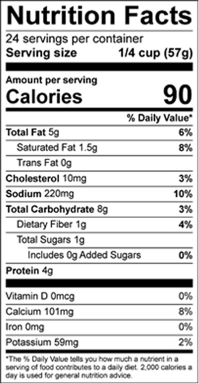 artichoke rice dip nutritional facts. 24 servings per container. Serving size is one fourth a cup 57 grams. Amount per serving: calories 90, total fat 5 g, sat fat 1.5 g, trans fat 0g, cholesterol 10mg, sodium 220mg, total carbs 8g, dietary fiber 1g, total sugars 1g, protien 4 g, vitamin D 0mcg, calcium 101mg, iron 0 mg, potassium 59mg
