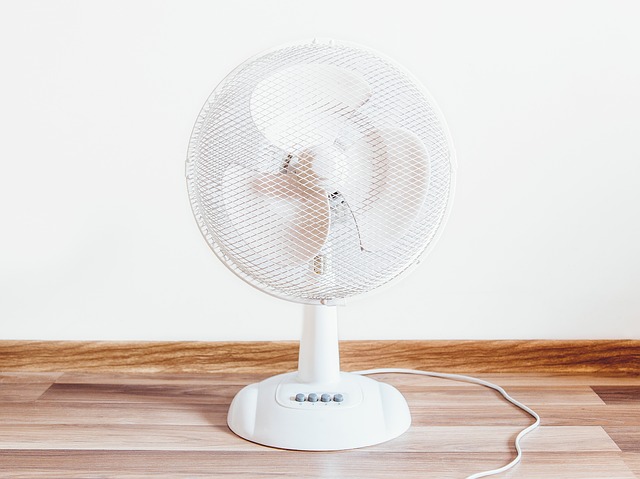 white circulating fan on hardwood floor