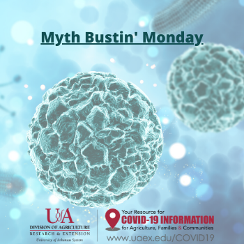 Myth Bustin' Monday graphic with picture of COVID-19 virus in background