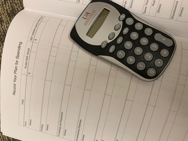 calculator, budget form