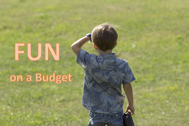 boy in meadow, face shielded by hand with FUN on a Budget