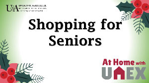 Graphic with poinsetta leaves that reads "Shopping for Seniors"