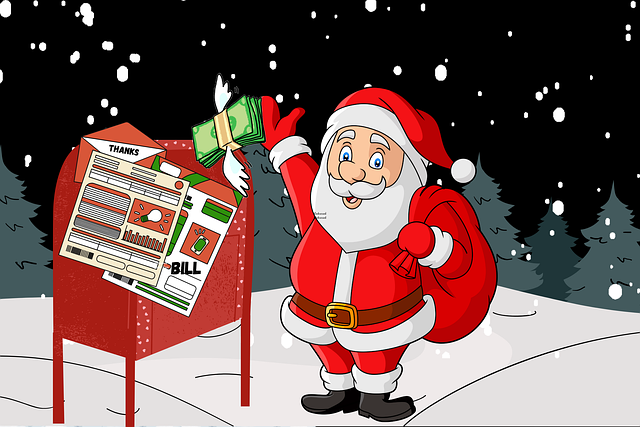 santa cartoon with money, bills