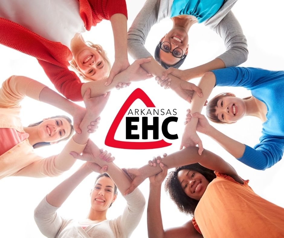 Women holding hands in a circle, Arkansas EHC graphic in the center