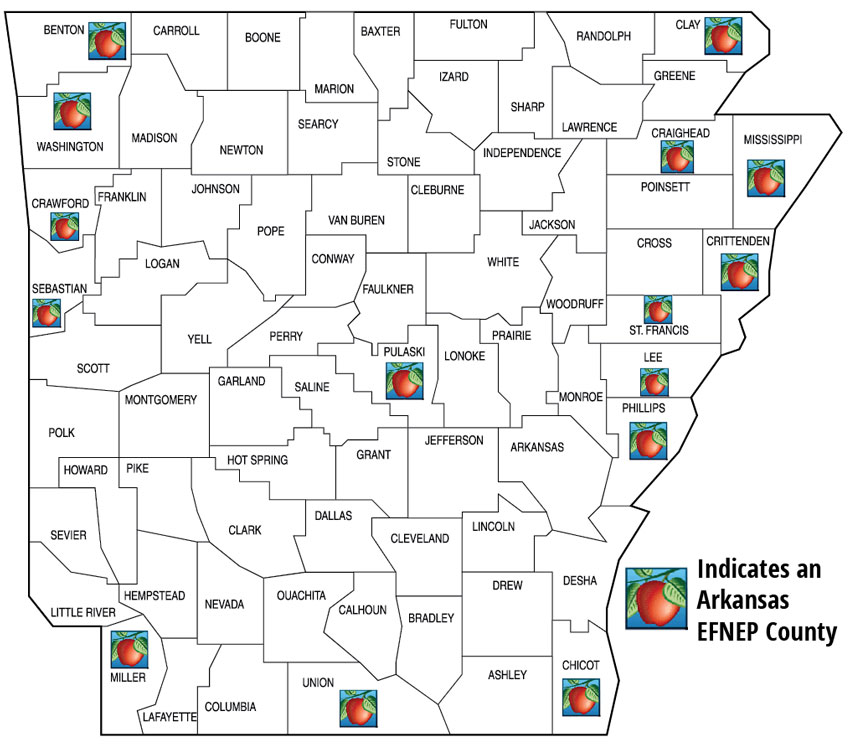 Arkansas Counties with EFNEP - Benton, Washington, Crawford, Sebastian, Clay, Craighead, Mississippi, Crittenden, Pulaski, Miller, Union, Chicot, Phillips, Lee, and St. Francis,