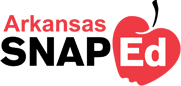 Stacked text reading Arkansas, then SNAP-Ed, then Smart Nutrition – Active People Education with red apple behind right-side of text