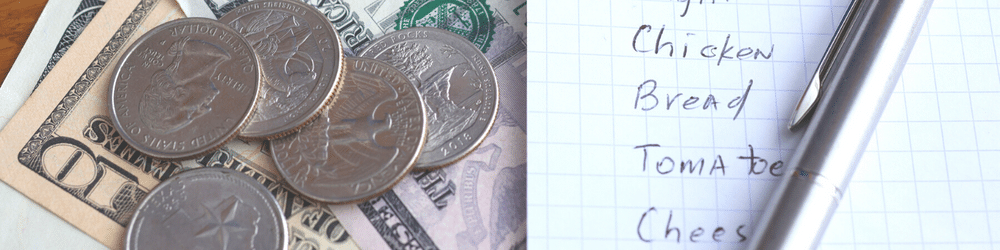 image of grocery list coins and dollars fanned across a table