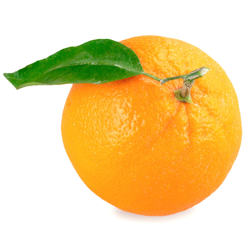 orange fruit with stem and leaf