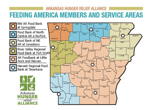 AR Hunger Relief Alliance Map that shows the feeding America members and service areas. Northwest Arkanasas Food Bank: Springdale. Food bank of North Central Arkansas in Norfork. Food bank of Northeast Arkanasas in Jonesboro. Food bank of River Valley Regional in Fort Smith. Arkansas Foodbank at Little Rock and Warren. Harvest Regional Food Bank at Texarkana.