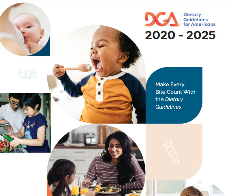 Dietary Guidelines for Americans 2020 cover. Kids and adults eating healthy foods pictured.