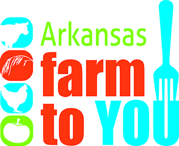 Stacked text reading Arkansas, farm, to You with blue fork – tines pointing down – above u in the word You, to the left of text there are stacked blocks of color (blue, orange, blue, green) containing white shapes (cow, rice stalk, chicken, and tomato)