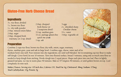 Gluten free herb cheese bread recipe - ingrediences includes rice flour, dry milk, chopped thyme, salt and eggs