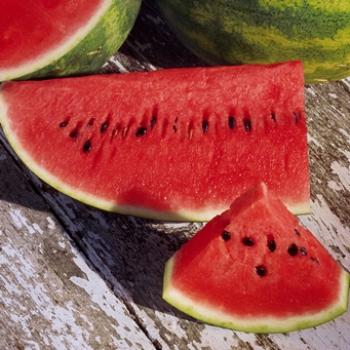 One quarter and one slice of red watermelon with black seeds