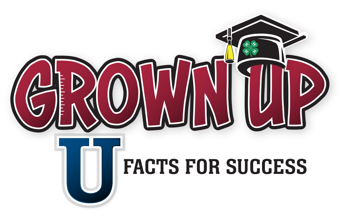logo has the words "Grown Up U: Facts for Success" with a graduation cap with a 4-H clover on the band sitting on top of the "U" of the word upp