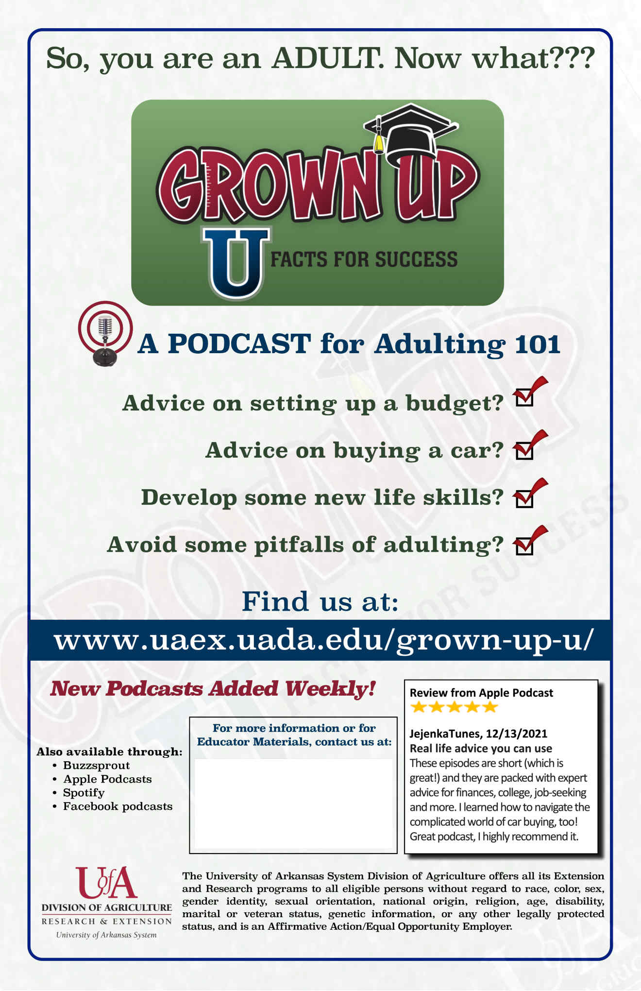 Picture of one of our sample flyers for promoting Grown Up U among youth and young adults. Includes topics that young people might have questions about and where to find the answers.