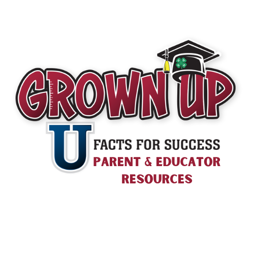 logo for the podcast with the words, "Grown Up U Facts for Success Parent & Educator Resources" and the graduation cap with a 4-H clover on top of the "U" of the word up