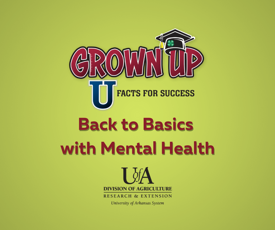 Contains the Grown Up U and the UofA System Division of Agriculture Research and Extension logos and the episode title, "Back to Basics with Mental Health" on a green background