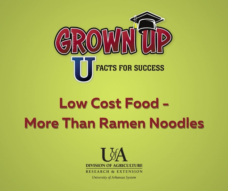 Image of the Grown Up U logo with the words "Low Cost Food - More Than Ramen Noodles" with a green background