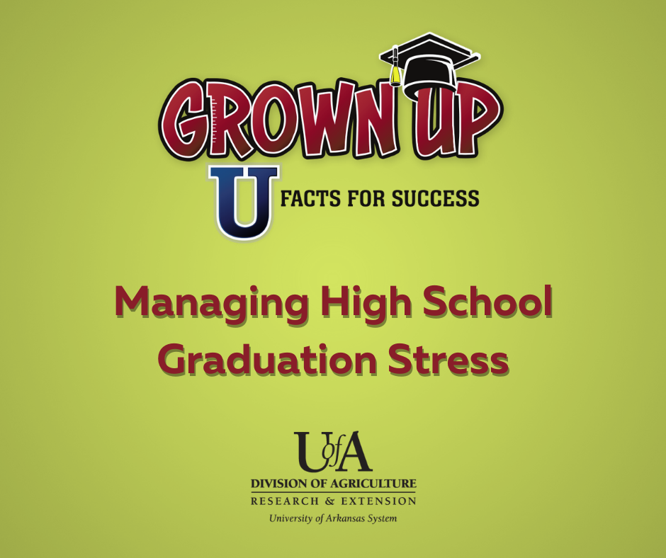Decorative picture with the Grown Up U: Facts for Success and the University of Arkansas System Division of Agriculture logos and the episode title, "Managing High School Graduation Stress" on a green background.