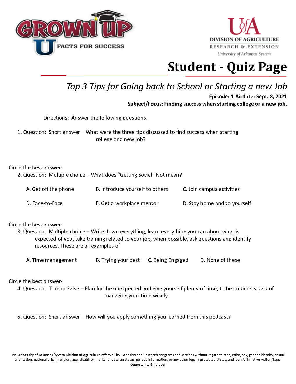 Sample picture of a student quiz available as an educator resource for the Grown Up U podcasts.