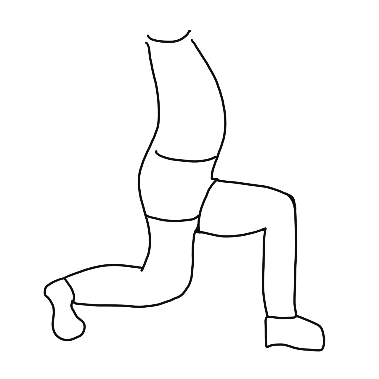 The figure is taking a large step foward with the torso straight down toward the floor with the knee at a 90 degree angle. 