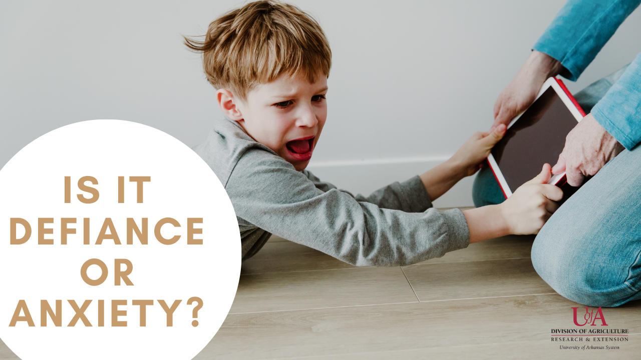 Title card Is it defiance or anxiety? Upset child pulling ipad away from parent