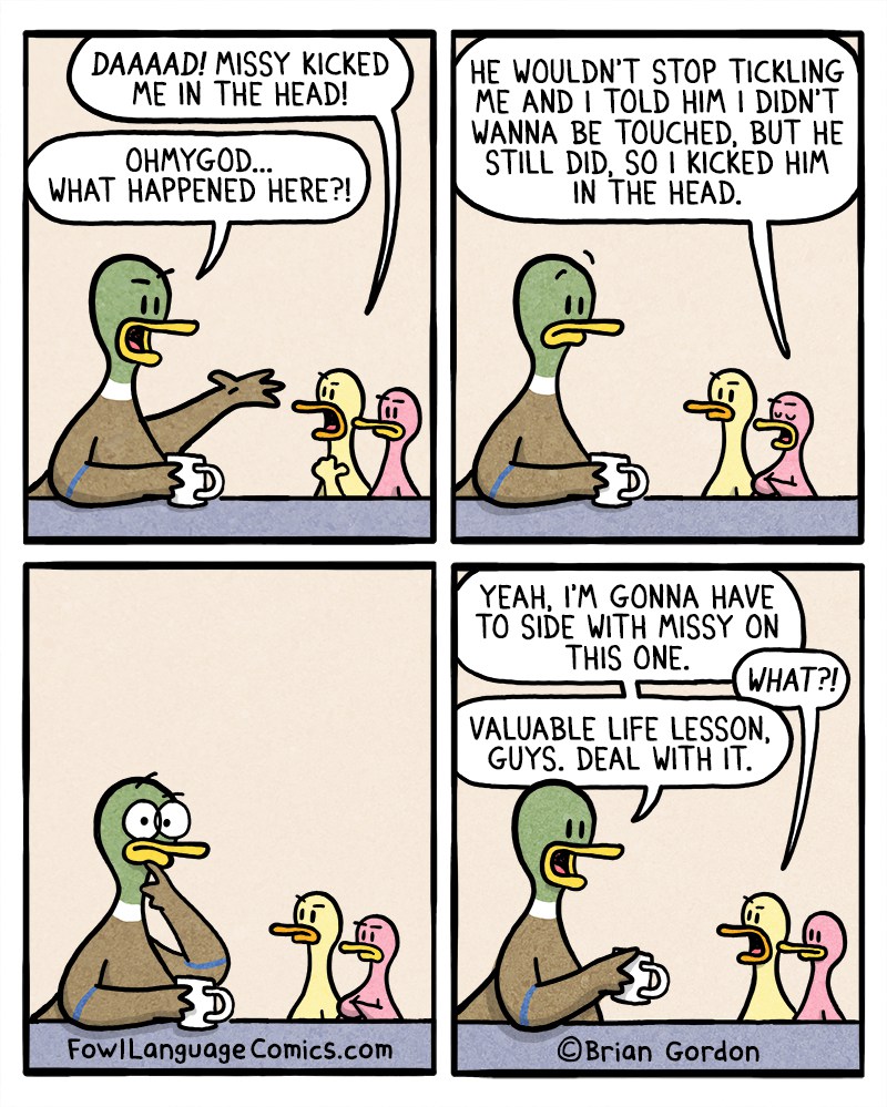 Comic strip illustrating parent and child ducks