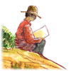 Drawing of a man sitting outside reading a book