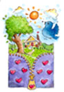 Drawing of zipper opening up to a yard with a house, a tree with a swing, clouds, sunshine and a blue bird.