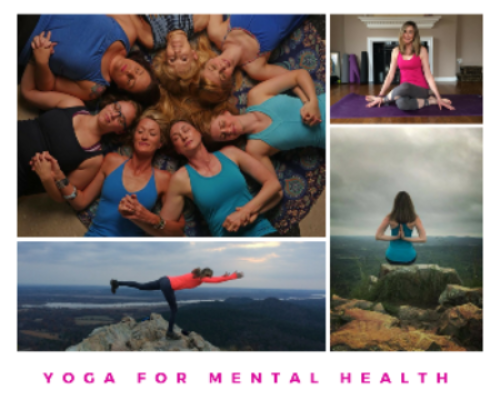 photo collage top left women in circle on floor bottom left woman doing warrior pose top right woman sitting on floor bottom right woman sitting with hands behind back