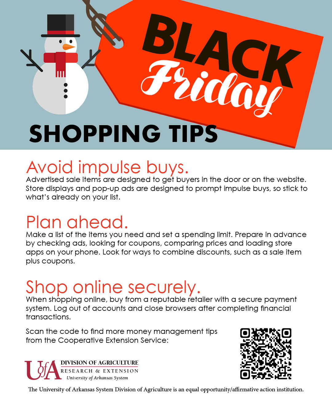 Infographic listing shopping tips. Tips include avoid impulse buys, plan ahead and shop online securely.
